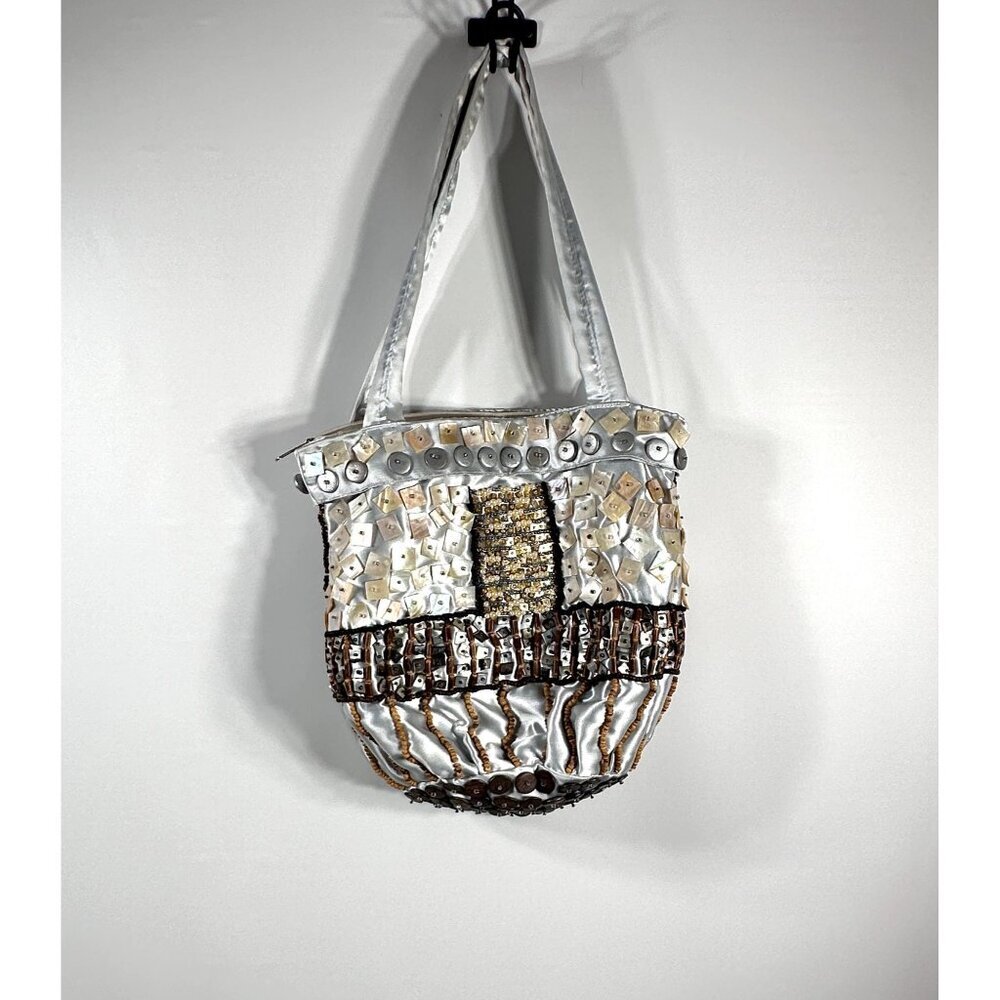 Handcrafted Statement Silver Satin Purse with‎ Buttons & Beads Embellishments